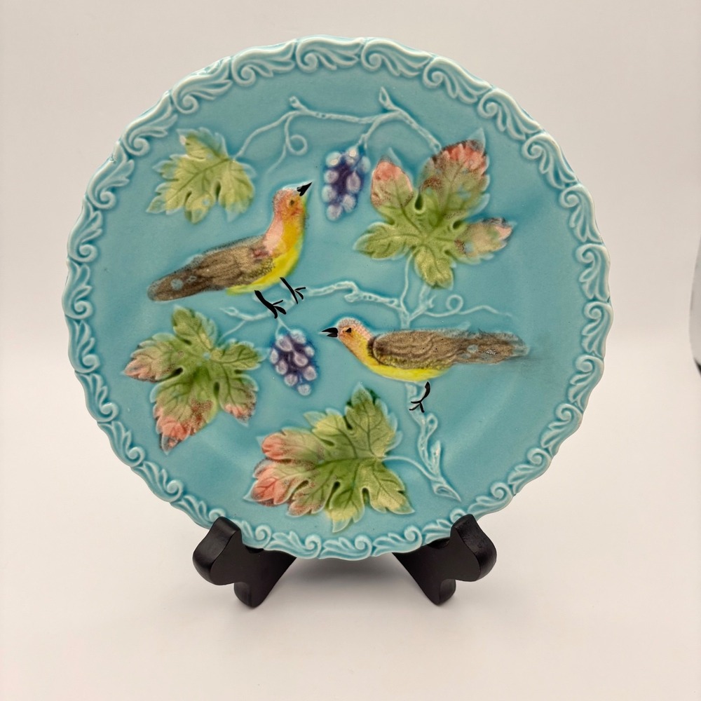 Antique Majolica Plate Zell Germany Bird Grapes Turquoise 6.5" Dessert Plate